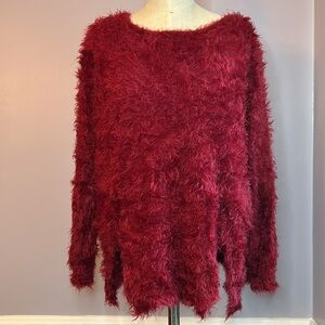 BLVD Collection red fuzzy furry lightweight long sleeve sweater with front slits